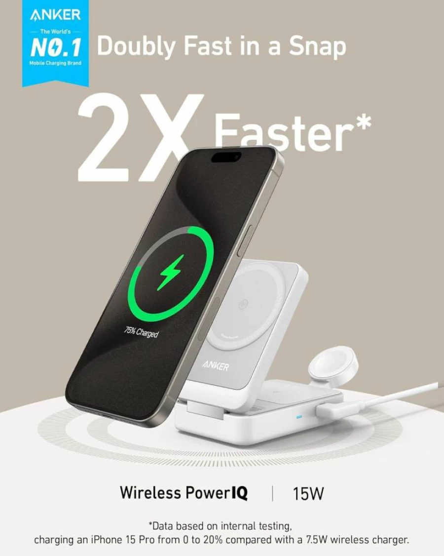 Anker MagGo 3-in-1 Foldable Wireless Charging Station with MagSafe, Qi2 Certified 15W Fast Charging for iPhone 16/15/14, AirPods & Apple Watch (Includes 40W USB-C Adapter)
