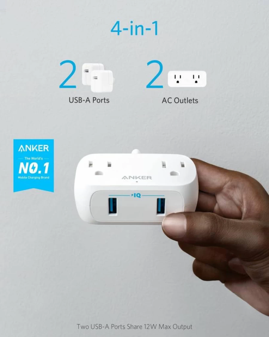 Anker Mini Power Strip with 2 Outlets & 2 USB-A Ports, 5FT Extension Cord with Flat Plug, TUV Listed for Travel, Desk & Home Office