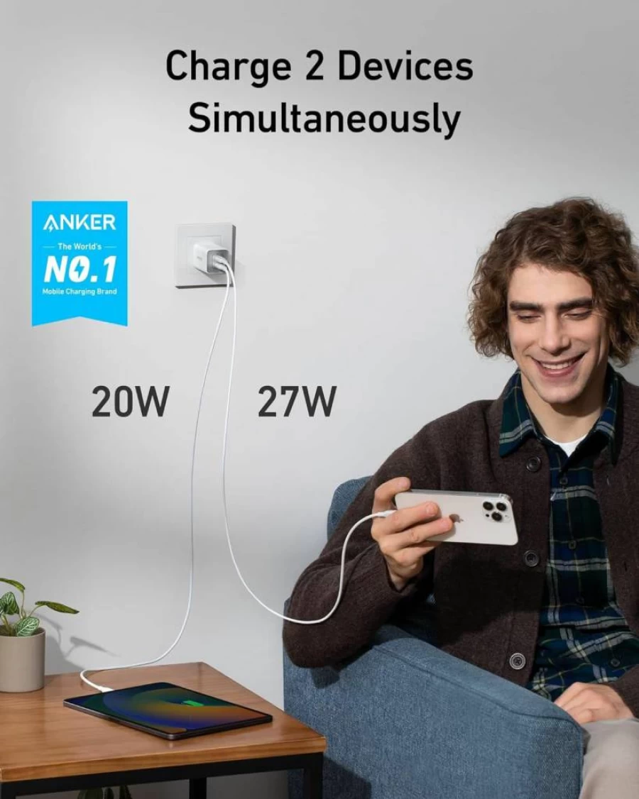 Anker Nano 47W GaN USB-C Fast Charger with 2 Ports, Foldable Design for iPhone 16/15, Samsung Galaxy, Google Pixel, Magsafe Compatible (Blue)
