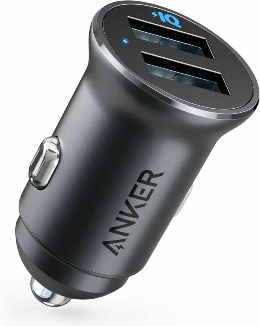 Anker 320 24W Dual USB Car Charger - Compact Aluminum Alloy Fast Charging for iPhone 15/14/13/12, iPad, Samsung Galaxy (Blue LED Indicator, Non-Quick Charge Compatible)