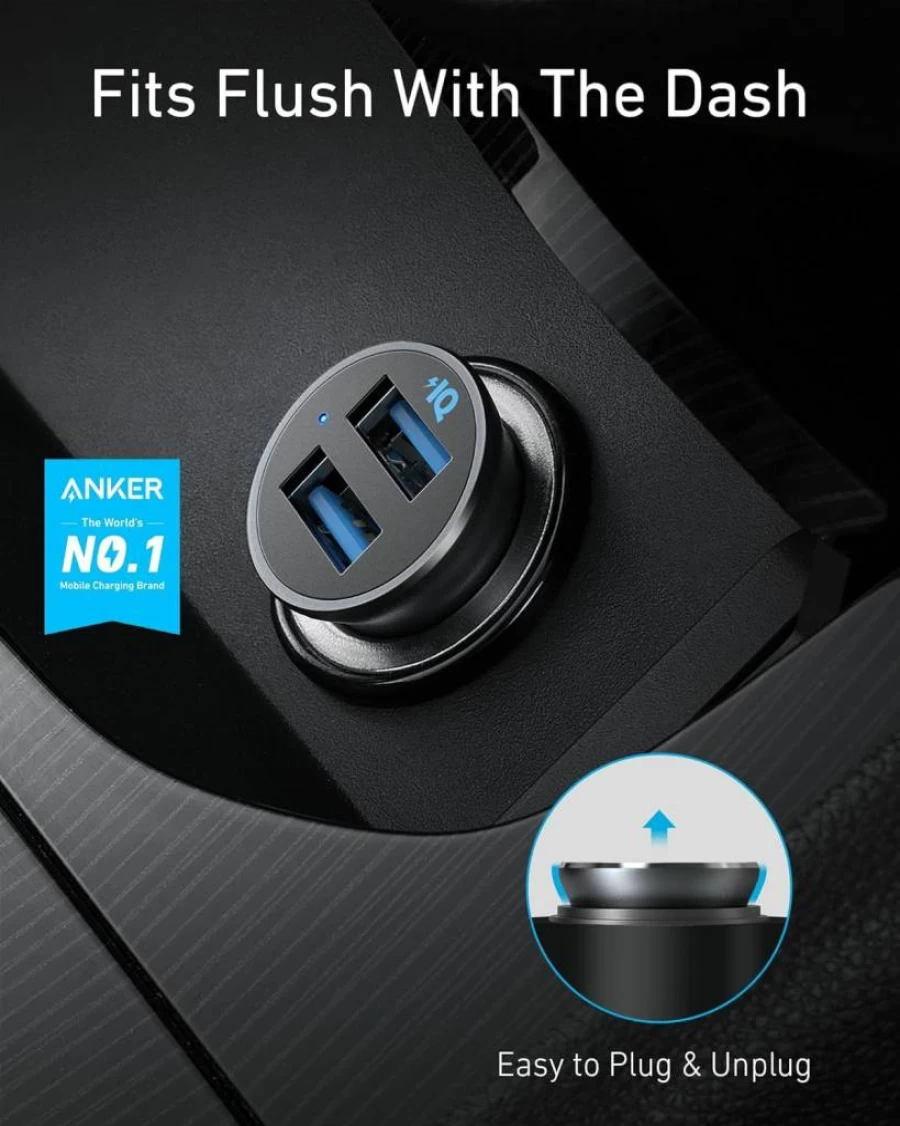 Anker 320 24W Dual USB Car Charger - Compact Aluminum Alloy Fast Charging for iPhone 15/14/13/12, iPad, Samsung Galaxy (Blue LED Indicator, Non-Quick Charge Compatible)