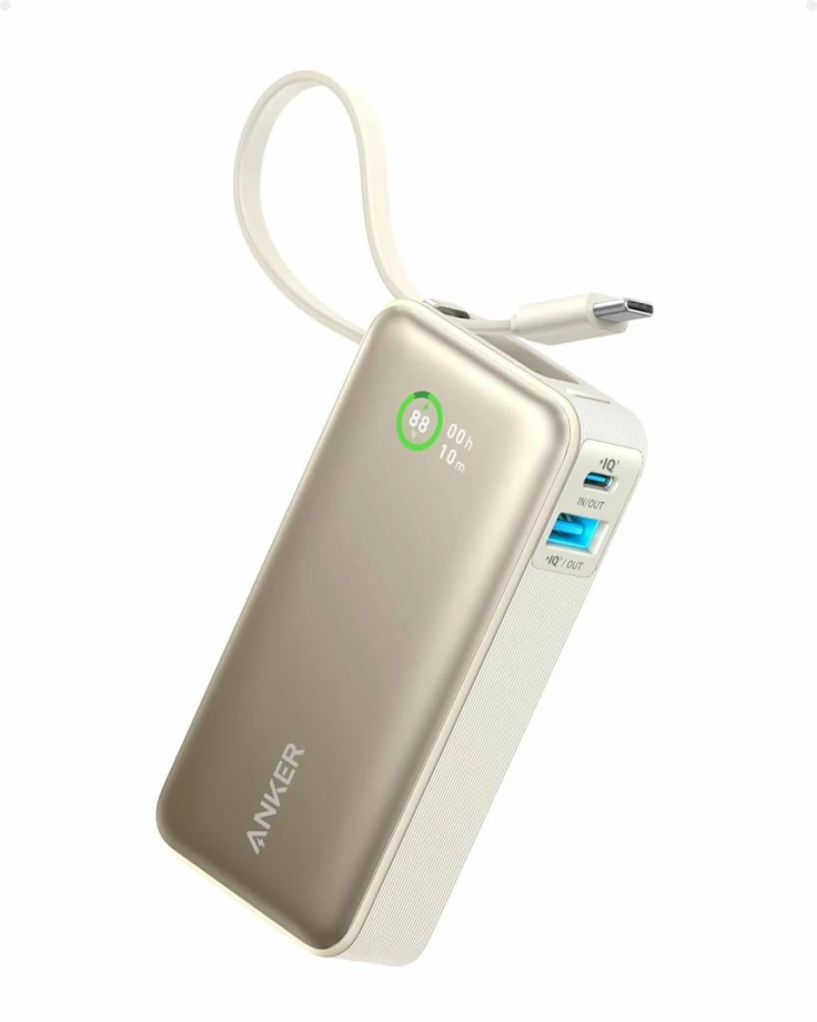 Anker Nano 10,000mAh Power Bank with 30W USB-C Charging, Built-in Cable for iPhone 16/15, MacBook, Galaxy, AirPods - Portable Fast Charger