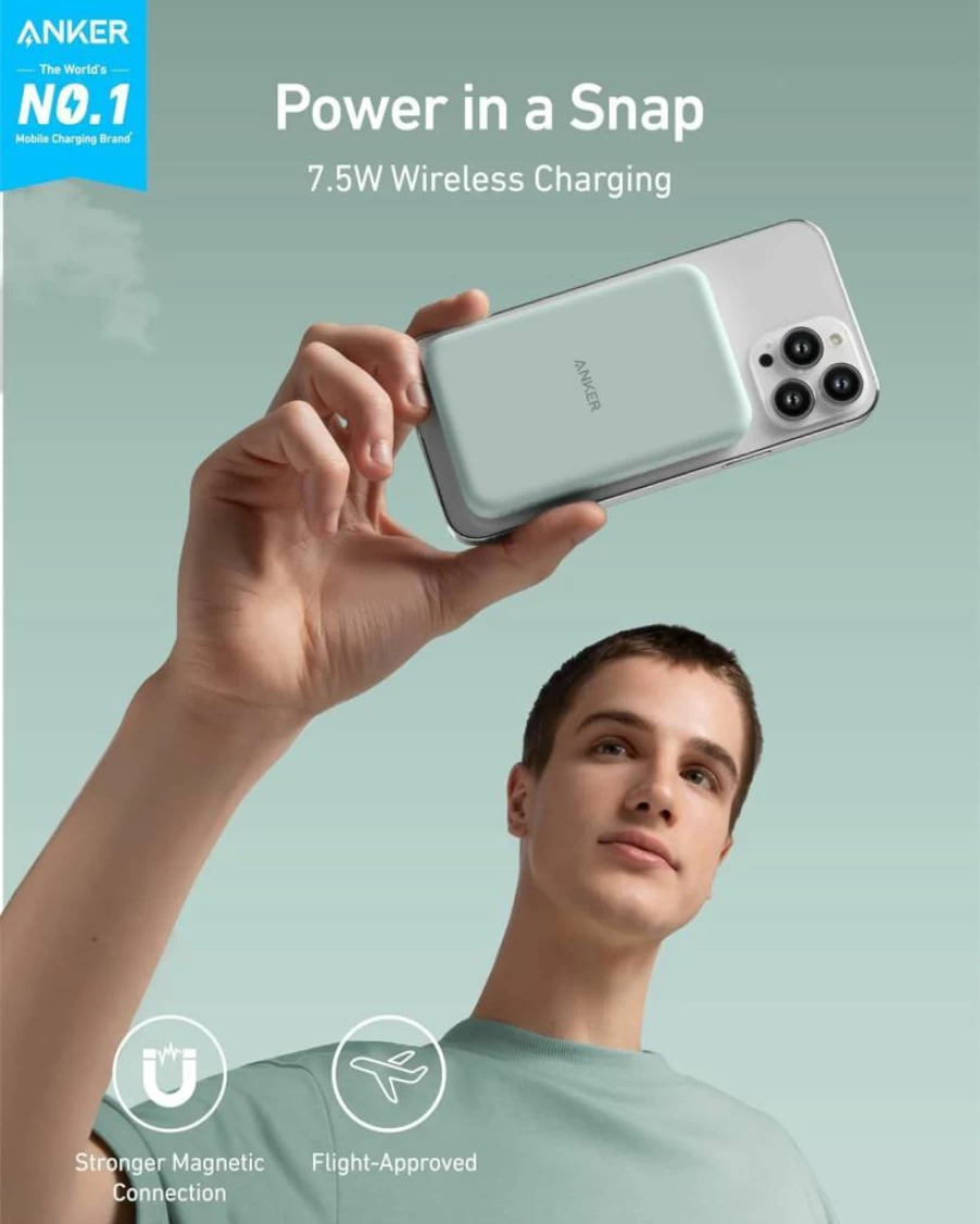 Anker 621 MagGo Magnetic Wireless Power Bank, 5000mAh Portable Charger with USB-C Cable, Magsafe-Compatible Battery for iPhone 16/15/14/13/12 Series