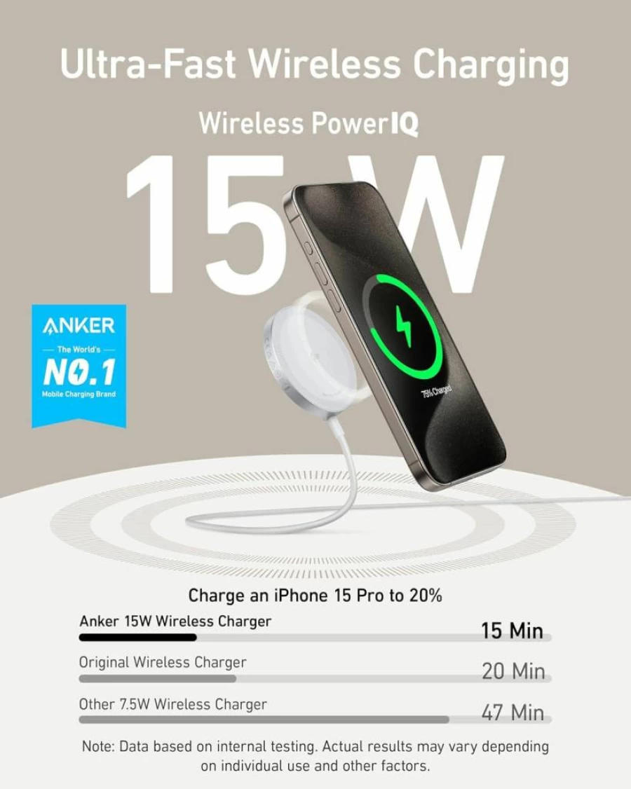 Anker Qi2 Certified MagSafe Wireless Charger Pad 15W, Compatible with iPhone 16/15/14/13/12 Series, Magnetic Fast Charging Pad for iPhone 16 Pro Max/Plus/Pro (Adapter Not Included)