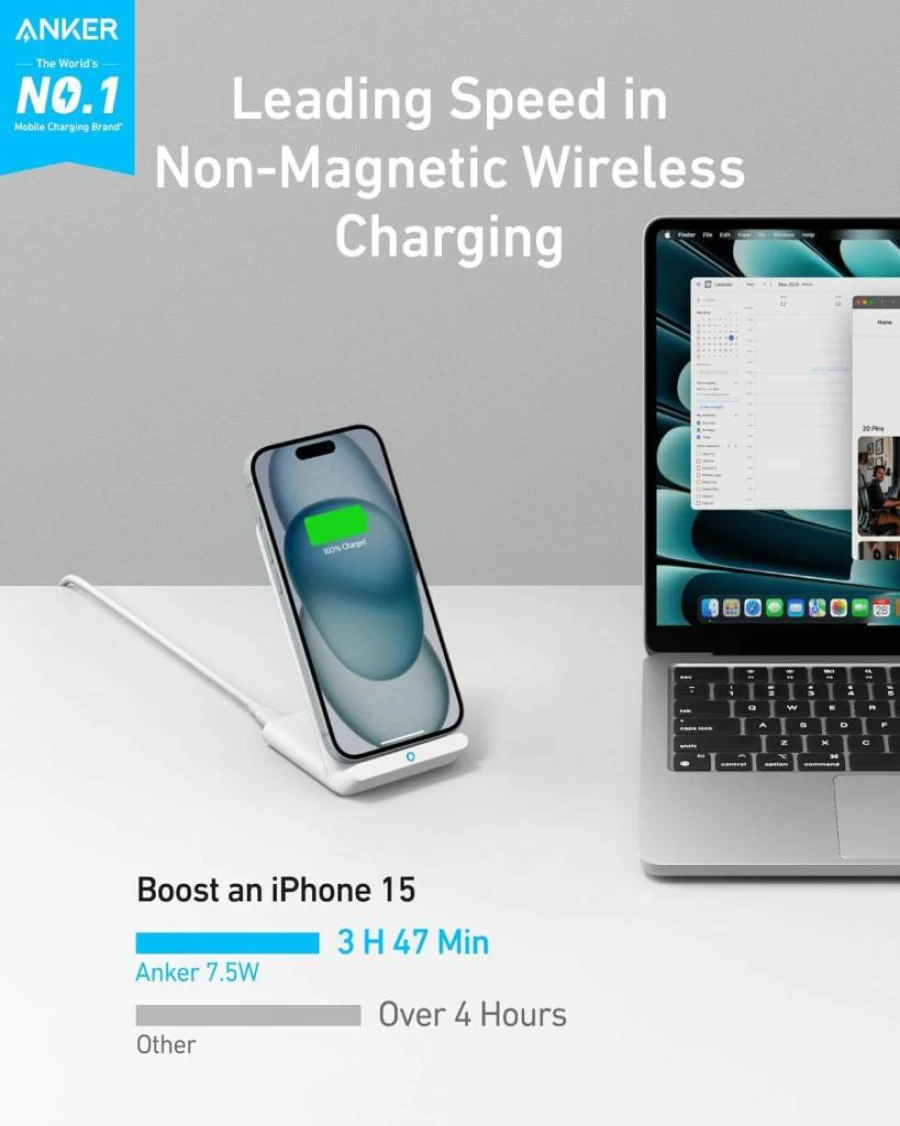 Anker 313 Wireless Charger Stand, Qi-Certified 10W Fast Charging for iPhone 16/15/14/13, Galaxy S23/S22/S21, AirPods (No Adapter Included)