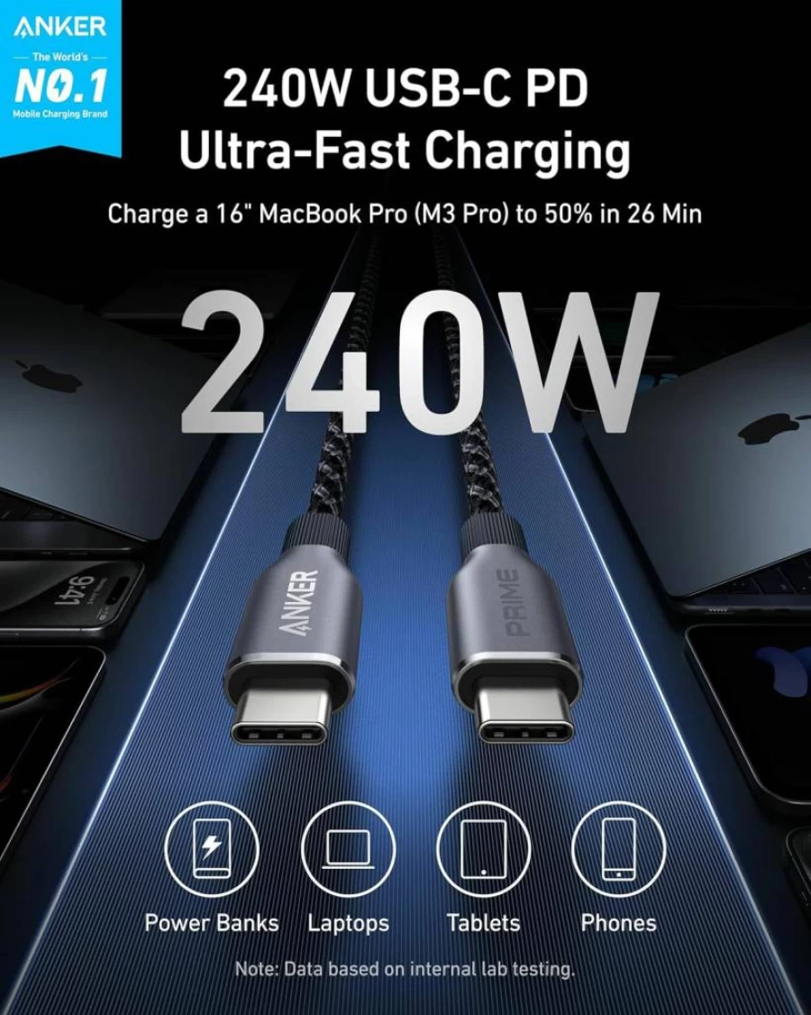 Anker Prime USB C to USB C Cable 240W, Braided Nylon Fast Charging Cord for iPhone 16, MacBook, Galaxy S24, 3ft Durable PD Charger Cable