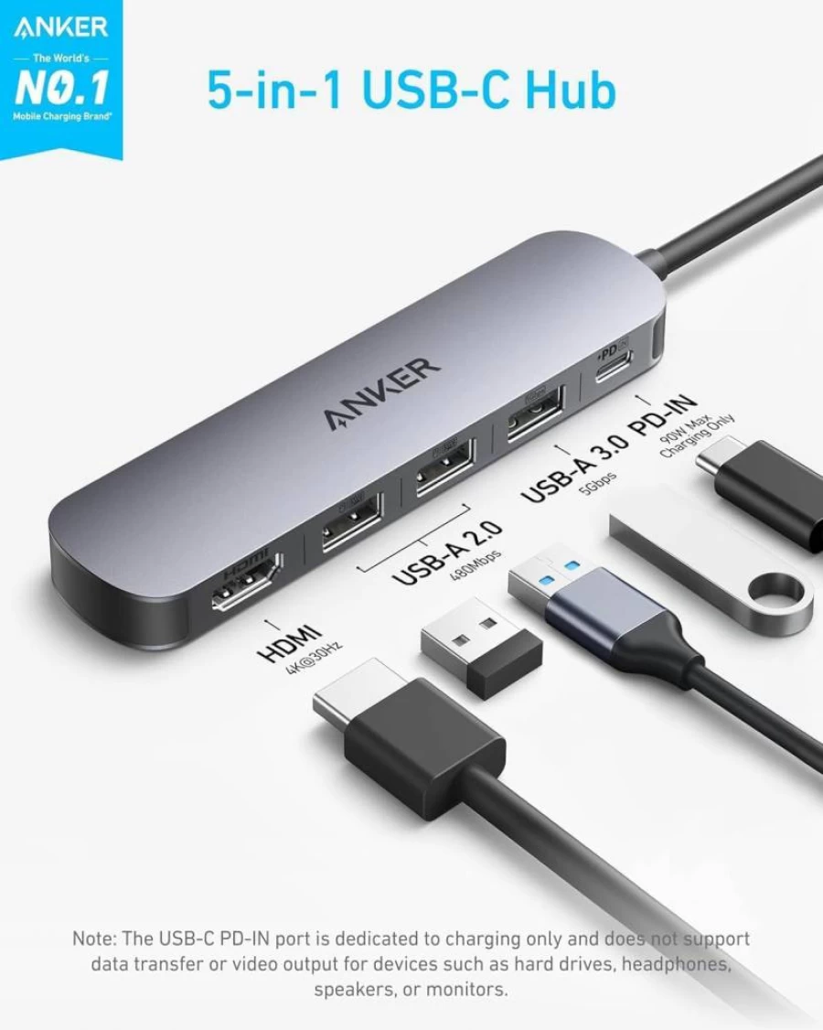 Anker USB C Hub 5-in-1 with 4K HDMI, 100W Power Delivery, USB-A and USB-C Ports, Compact Design for MacBook, Dell XPS, and USB-C Laptops