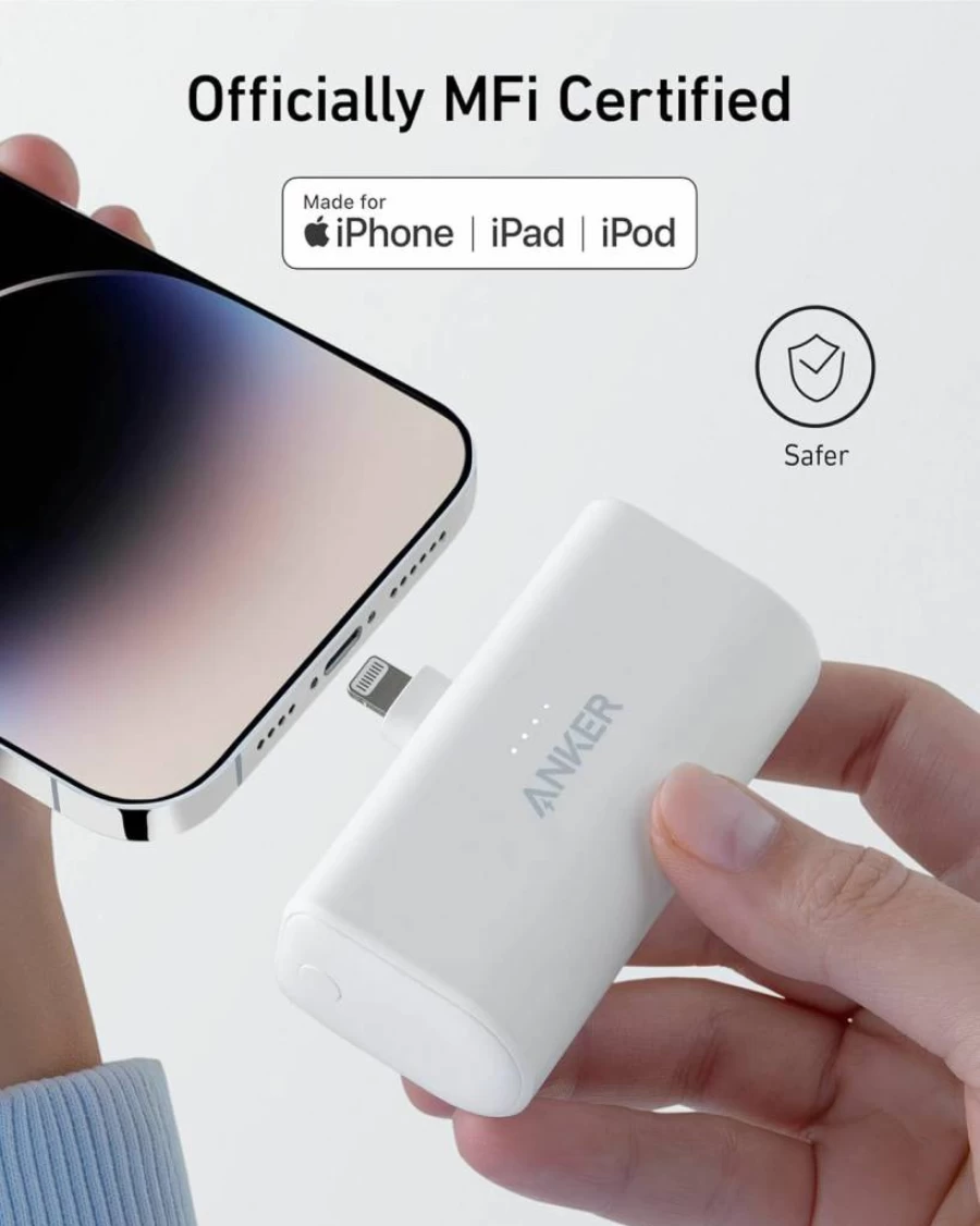Anker Nano Power Bank 5000mAh with MFI Certified Lightning Connector - 12W Portable Charger for iPhone 14/13/12/11, White