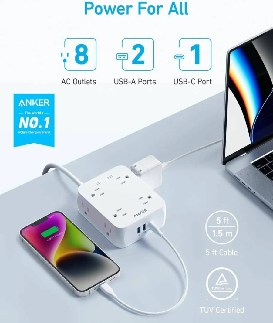 Anker 8-Outlet Power Strip with Surge Protector (2000J), 5Ft Extension Cord, 2 USB-A & 1 USB-C Ports, Compatible with iPhone 16 Series, for Home & Office, TUV Listed