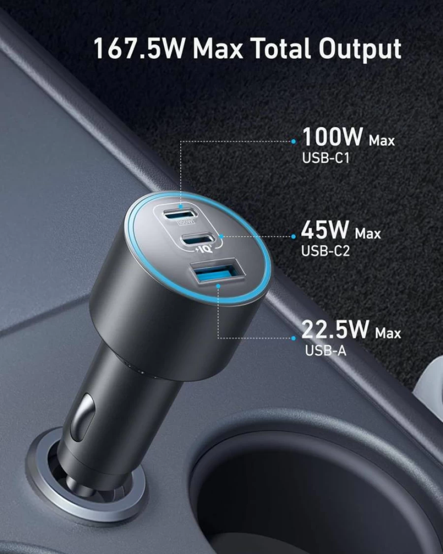 Anker 167.5W 3-Port USB-C Car Charger for iPhone 16/15, MacBook, Samsung Galaxy S24/S23, iPad Pro, AirPods - Ultra-Compact Fast Charging