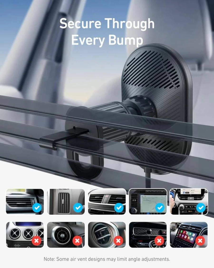 Anker MagSafe Wireless Car Charger for iPhone 16/15/14 Series - 15W Fast Charging, 360° Adjustable Mount with Strong Magnets (Includes Adapter)