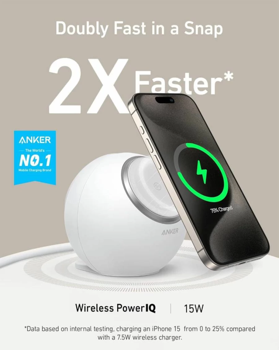 Anker MagGo Magnetic Charging Station: Qi2 Certified 15W Magsafe Wireless Charger for iPhone 15/14/13, 8-in-1 Power Strip with 3 AC Outlets & 4 USB Ports for MacBook (White)