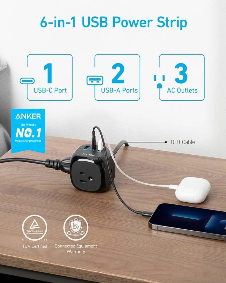Anker 321 Power Strip with 20W USB-C Charging, 3 Outlets & 5ft Extension Cord for iPhone, Home Office, Dorm Room | PD Fast Charging