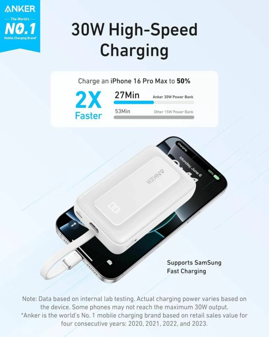Anker 10,000mAh 30W Power Bank with USB-C Fast Charging for iPhone 16/15, iPad, MacBook, Galaxy, and Google Pixel - Portable Travel Charger