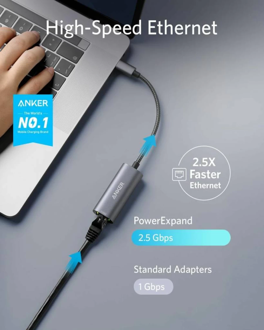Anker USB-C to 2.5G Ethernet Adapter, Aluminum Portable LAN Network Dongle for MacBook Pro/Air, iPad Pro, XPS, and USB-C Laptops