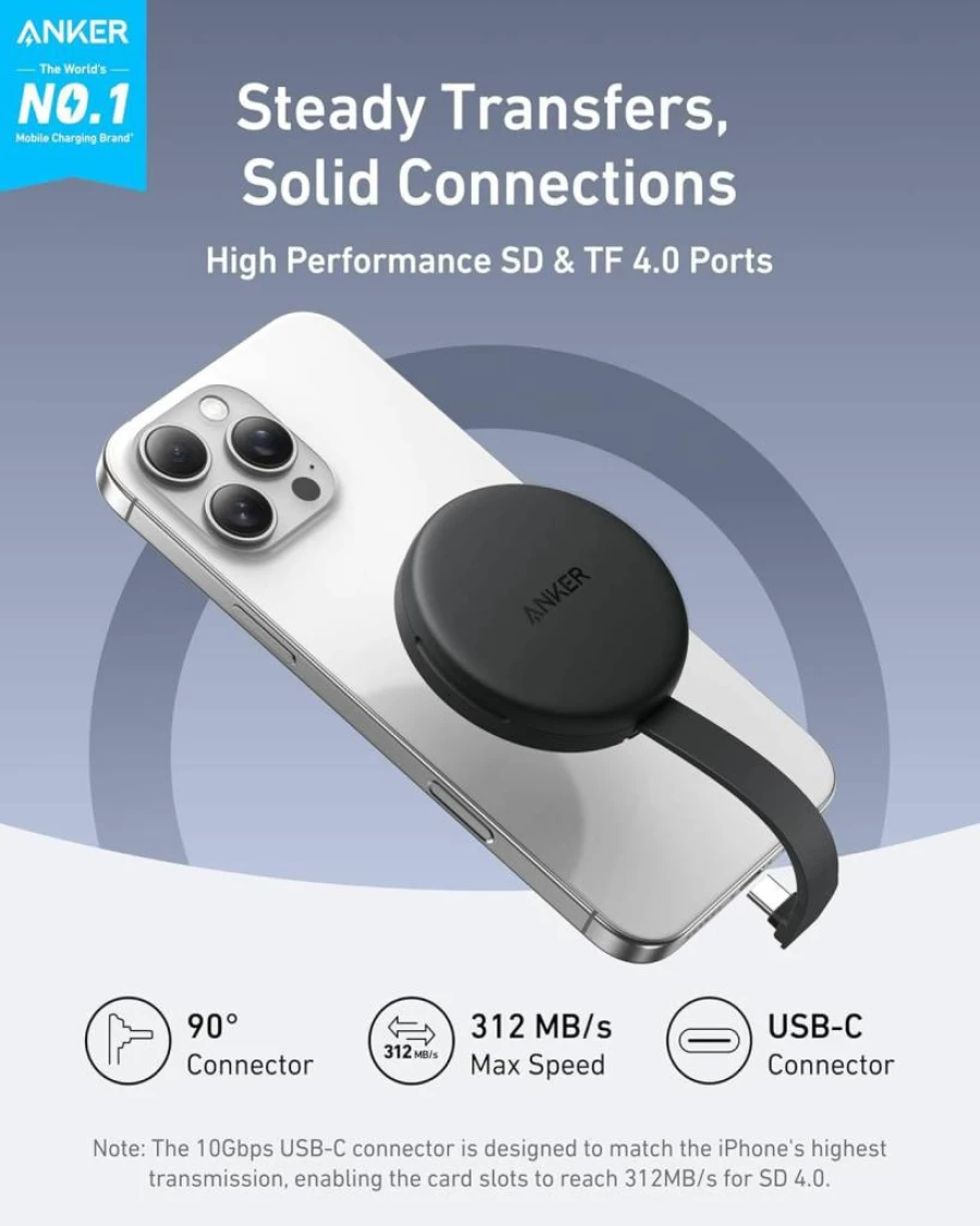 Anker MagGo USB-C SD Card Reader for iPhone 15/16, Magnetic Portable Adapter with TF/SD Slots, 312MB/s Transfer, Built-in Cable - Compatible with USB-C Devices (Black)