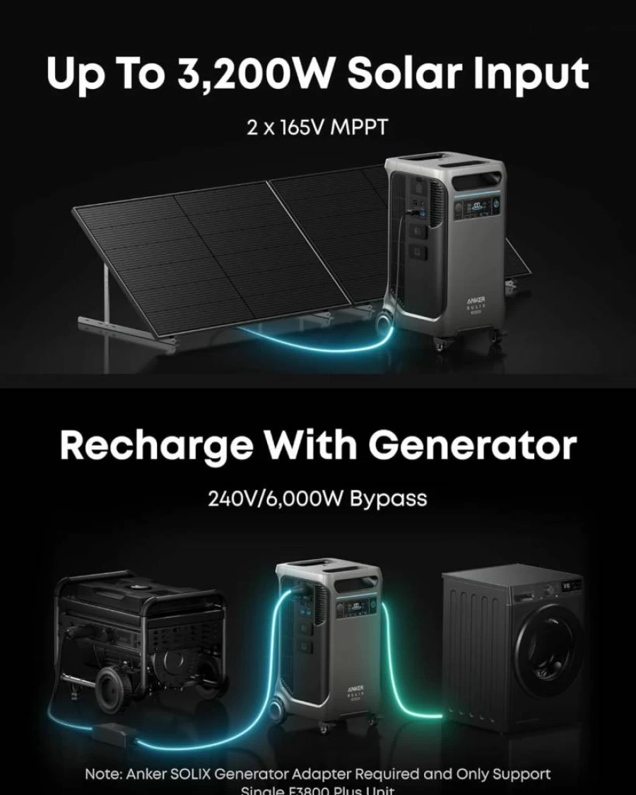 Anker Solix F3800 Plus Portable Power Station with BP3800 Expansion Battery & 400W Solar Panel – 7.68kWh Capacity, 3200W Solar Input, Home Backup for Power Outages & Emergencies