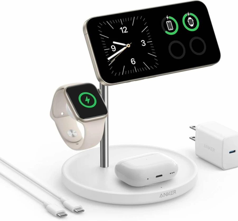 Anker MagGo 3-in-1 Wireless Charging Station with Qi2 Certification 15W, Compatible with iPhone 16/15/14/13/12, Apple Watch, AirPods, Magsafe Desk Accessory
