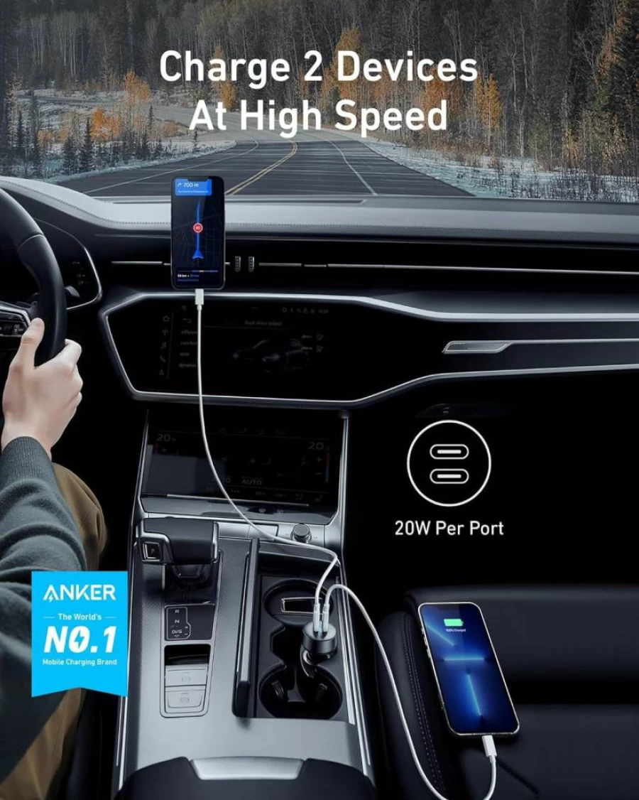 Anker 40W USB C Car Charger, PowerIQ 3.0 Dual Port Adapter with Power Delivery for iPhone 16/15/14/13, Galaxy, Pixel, and More