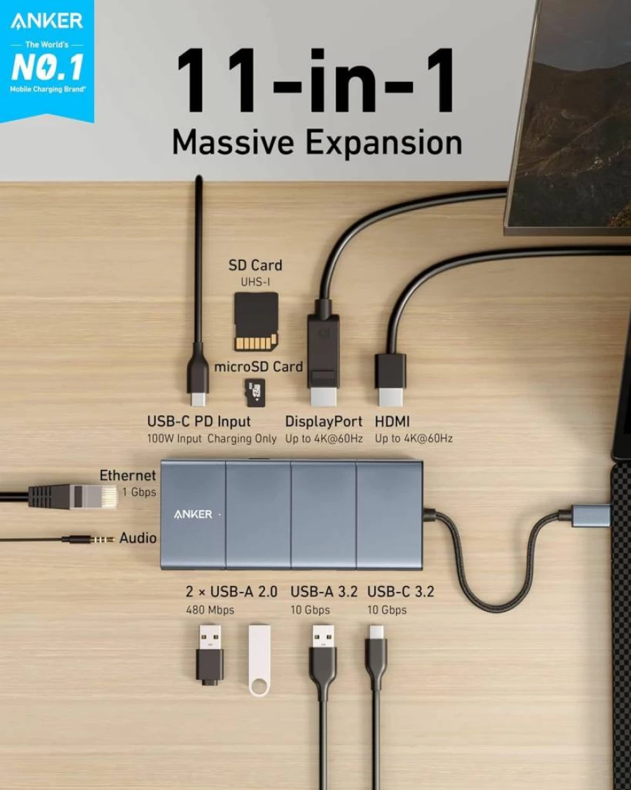 Anker 11-in-1 USB C Hub with Dual 4K HDMI/DisplayPort, 10Gbps USB-C/USB-A Ports, 100W Power Delivery, Ethernet, for XPS, MacBook, and More