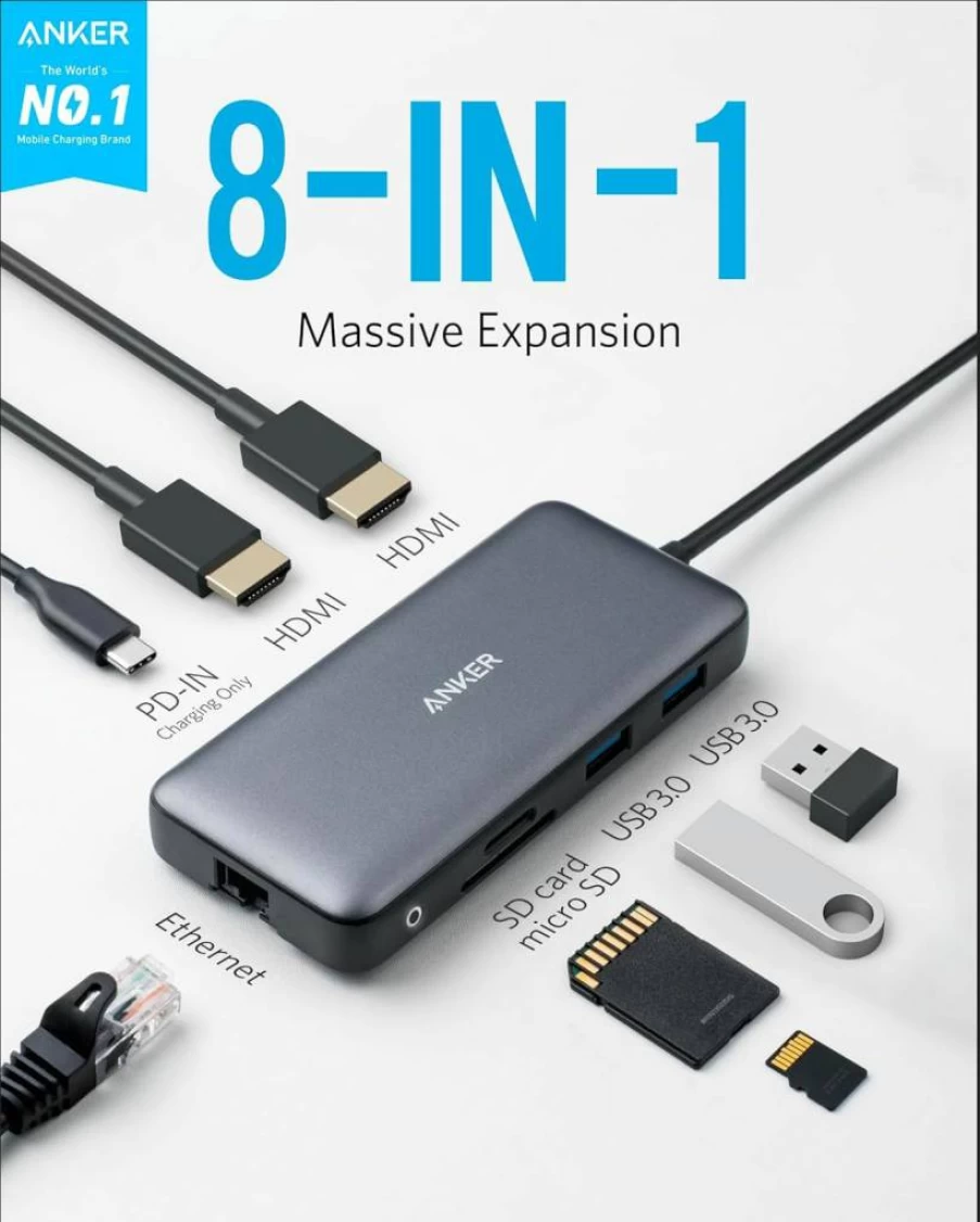 Anker 8-in-1 USB C Hub with Dual 4K HDMI, 100W Power Delivery, Gigabit Ethernet, SD Card Reader for MacBook Pro, XPS, and USB-C Laptops