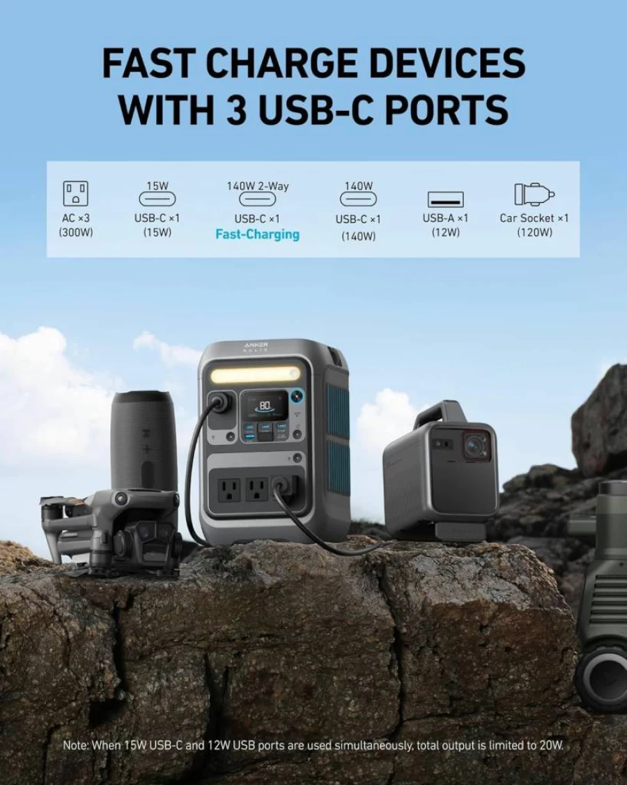 Anker Solix C300 Portable Power Station 288Wh LiFePO4 Battery, 300W Solar Generator with 140W Fast Charging, Ideal for Camping, Travel & Emergency Power (Solar Panel Compatible)