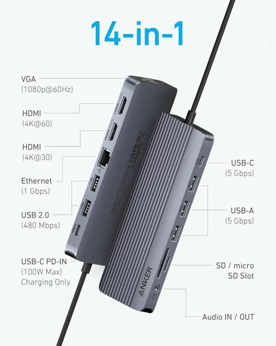Anker 14-in-1 USB C Docking Station with Triple Display (2x 4K HDMI, 1080P VGA), 100W Power Delivery, 5Gbps USB-A/C Ports for MacBook, Dell XPS, and More