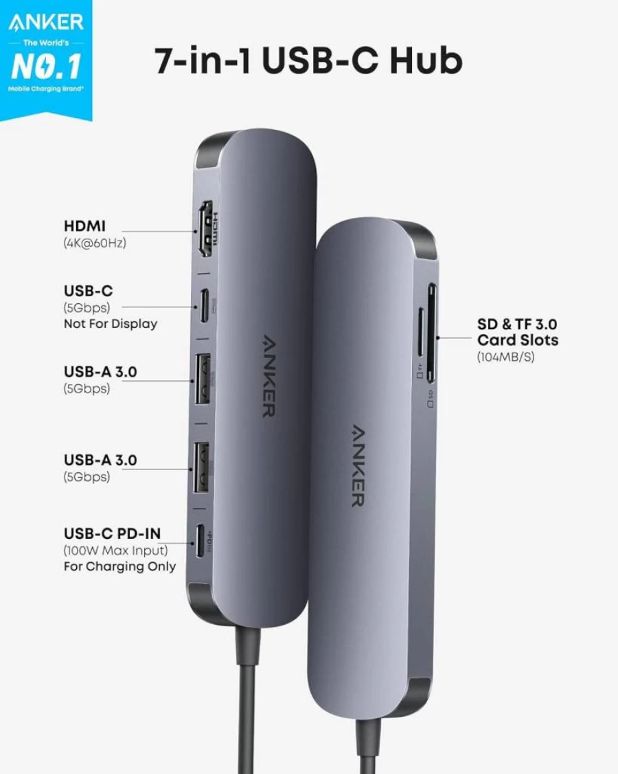 Anker 7-in-1 USB C Hub with 4K HDMI, 100W Power Delivery, 3 USB-A & USB-C 3.0 Ports, SD/TF Card Reader for Laptops and Type C Devices