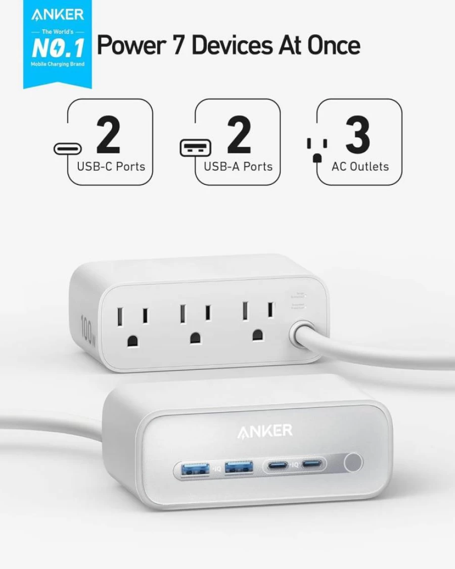 Anker 100W 7-in-1 USB C Charging Station with Power Delivery for MacBook Pro/Air, iPhone 16/15/14, 5Ft Cord, 3AC & 4USB Ports (2A+2C) - Compact Desktop Power Strip for Home & Office (White)