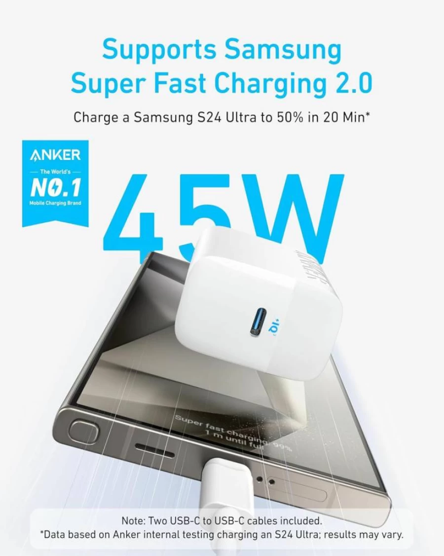 Anker 45W Dual Port USB C Fast Charger with PPS, 2-Pack 5ft USB-C Cable for iPhone 16/15 Pro, Galaxy S24 Ultra, iPad Pro, MacBook Air, and More