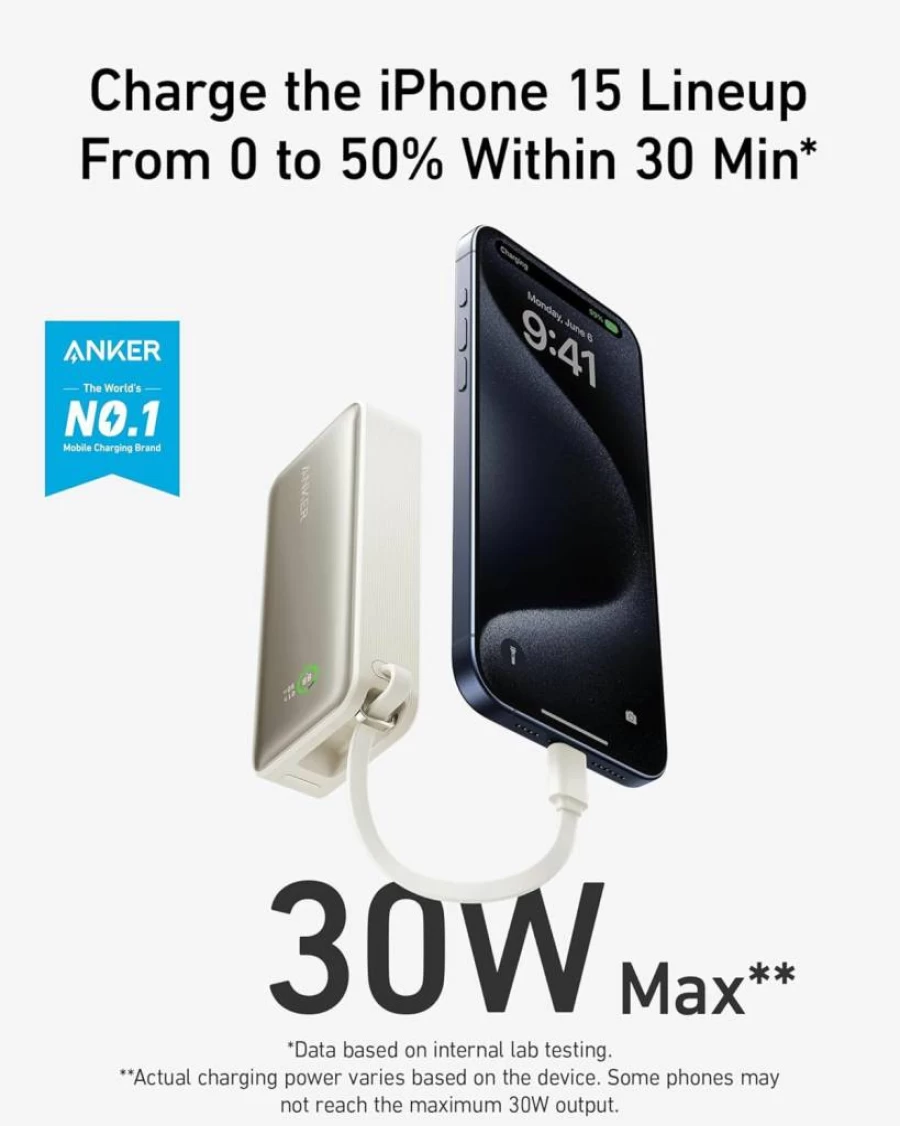 Anker Nano 10,000mAh Portable Charger with Built-in USB-C Cable - 30W Fast Charging for iPhone 16/15, MacBook, AirPods, and More