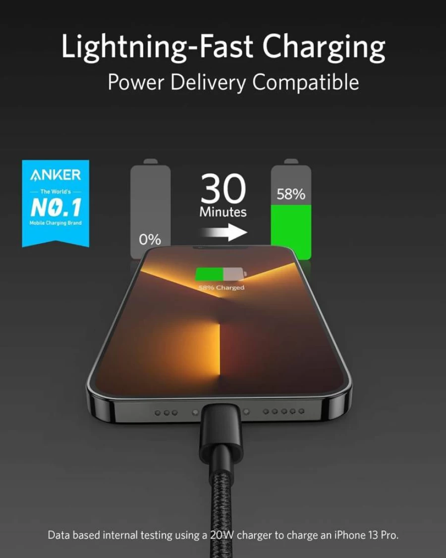 Anker USB C to Lightning Cable 6FT MFi Certified Fast Charging Compatible with iPhone 14 13 12 11 Pro Max XR XS 8 Plus iPad (Black Nylon Braided)