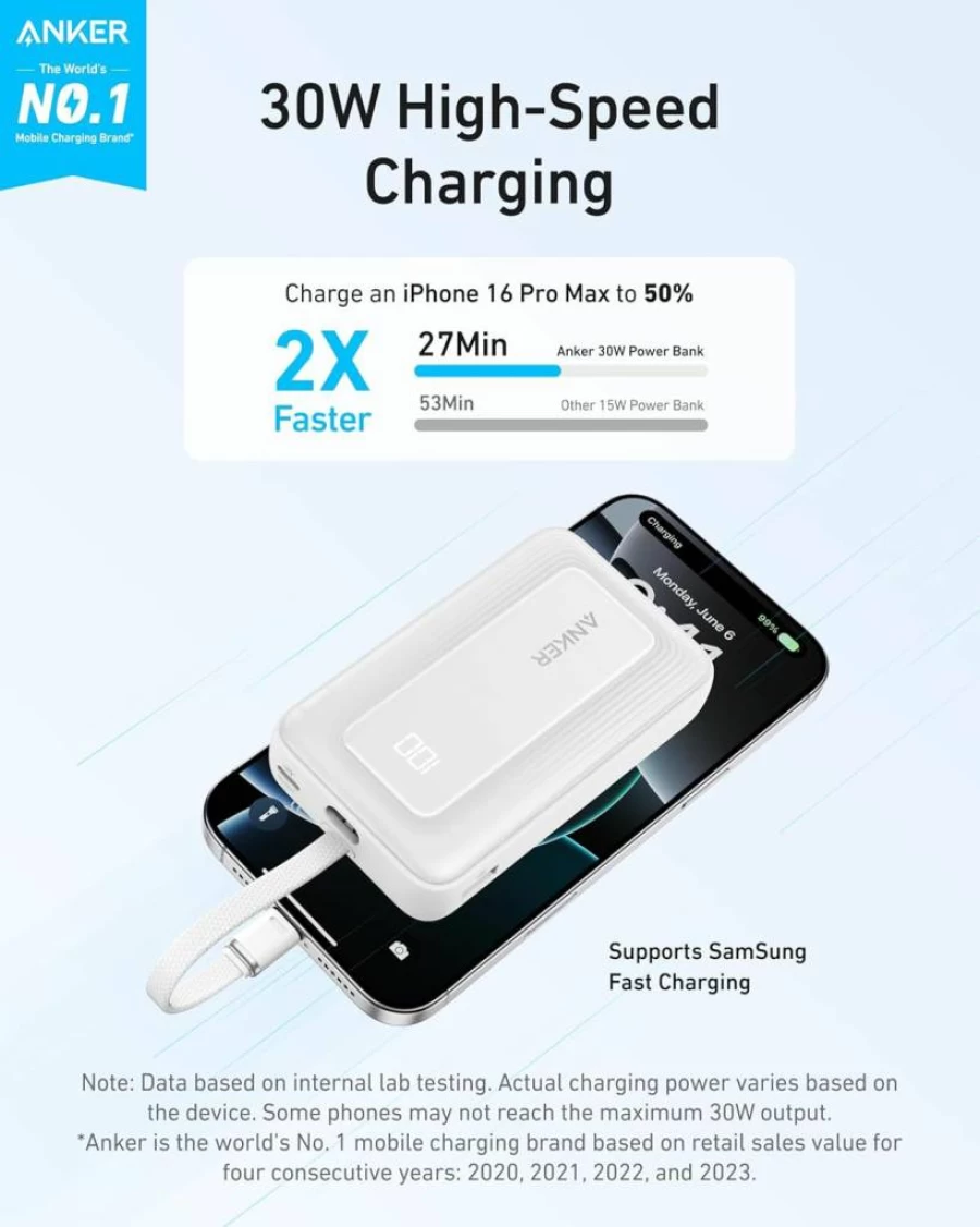 Anker 10,000mAh 30W Power Bank with USB-C Fast Charging for iPhone 16/15, iPad, MacBook, Galaxy, Google Pixel, and More - Portable Travel Essential