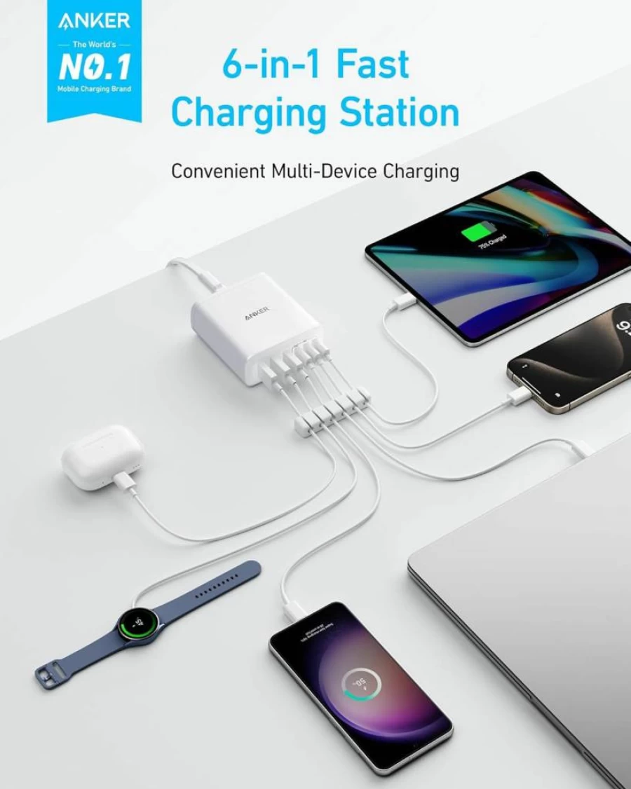 Anker 112W 6-Port USB C Desktop Charging Station for iPhone, iPad, MacBook, Samsung Galaxy - Fast PD Charger (Cables Not Included)