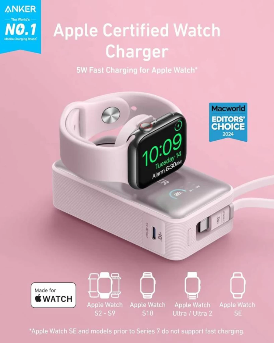 Anker MagGo Power Bank 10,000mAh with Built-In USB-C Cable, 35W Max Portable Charger for iPhone 15, Apple Watch, Samsung, iPad, AirPods - Officially Certified Magnetic Battery Pack