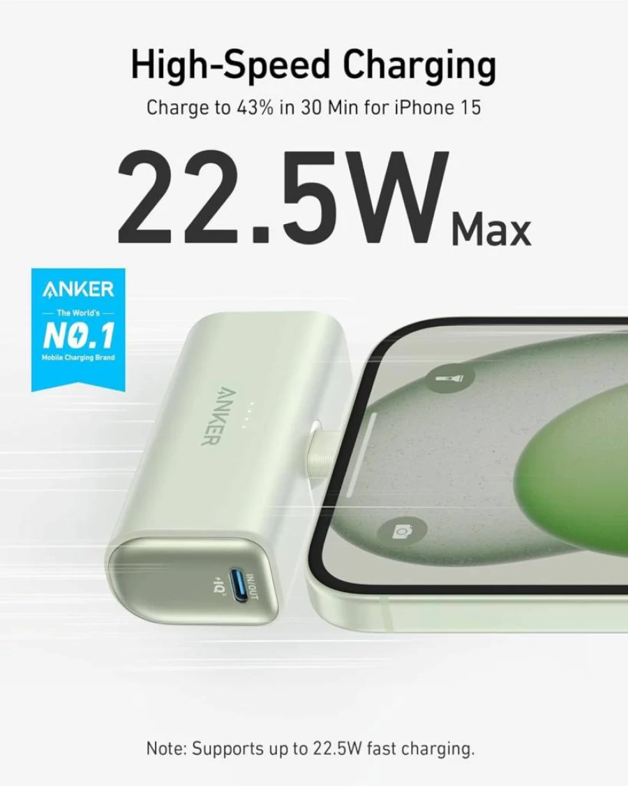 Anker Nano Power Bank 5000mAh with Built-in USB-C Cable, 22.5W Portable Charger for iPhone 16/15, Samsung Galaxy S23/S22, iPad, AirPods, and More
