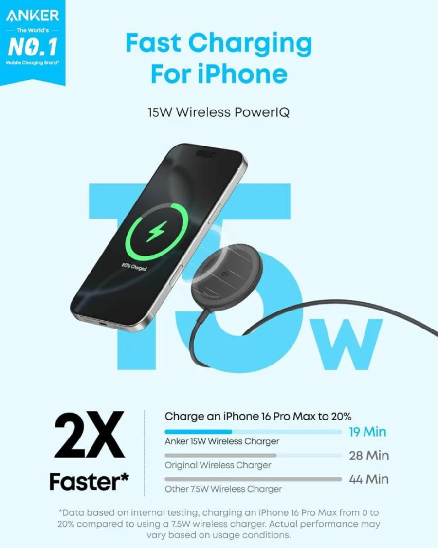 Anker Magnetic Wireless Charger, Qi2 Certified 15W Fast Charging Pad, Compatible with iPhone 16/15/14/13 Series, AirPods, and MagSafe Accessories (Black)