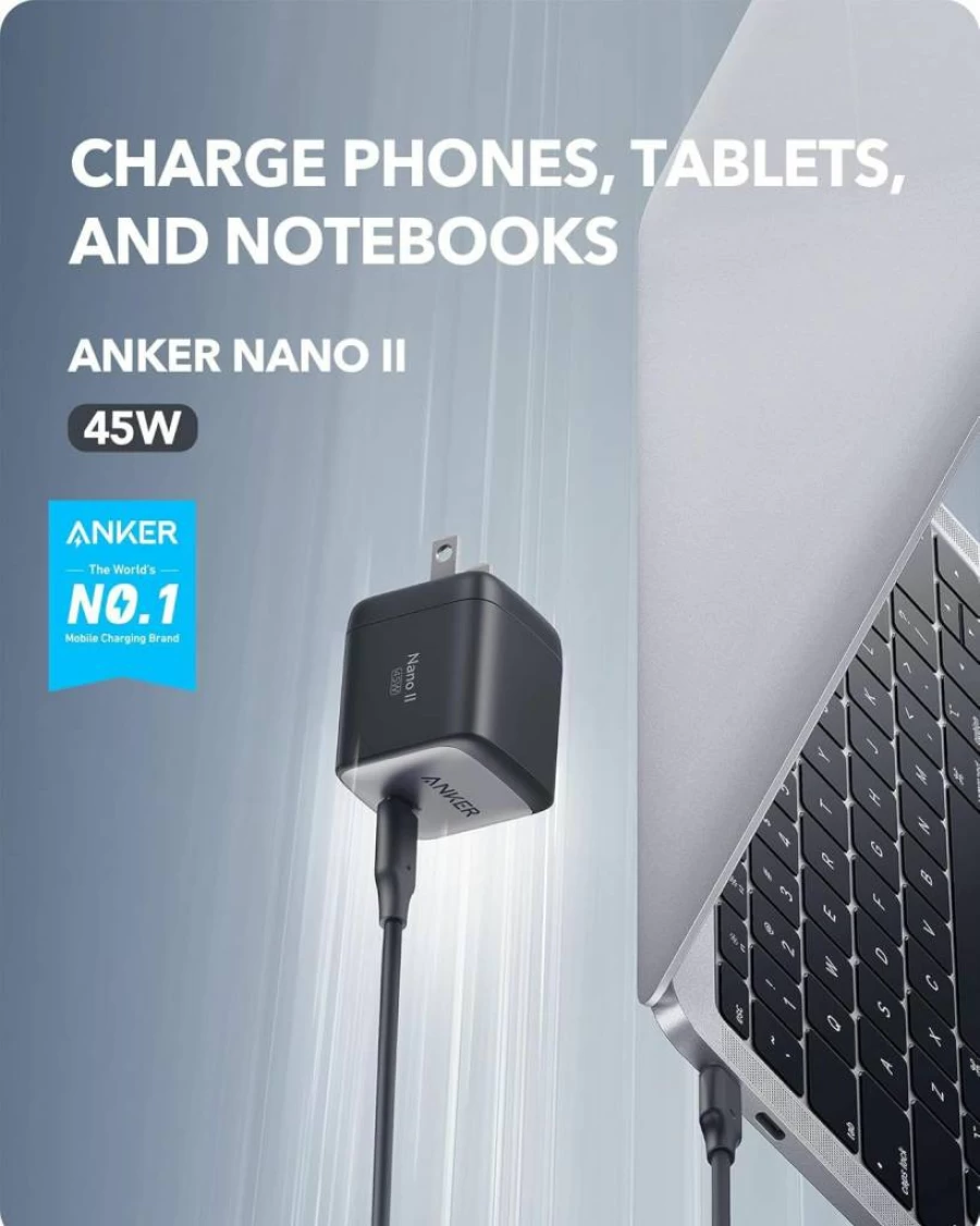 Anker Nano II 45W GaN II USB-C Fast Charger - Compact & Foldable for MacBook Pro, iPhone 15, Galaxy, Steam Deck