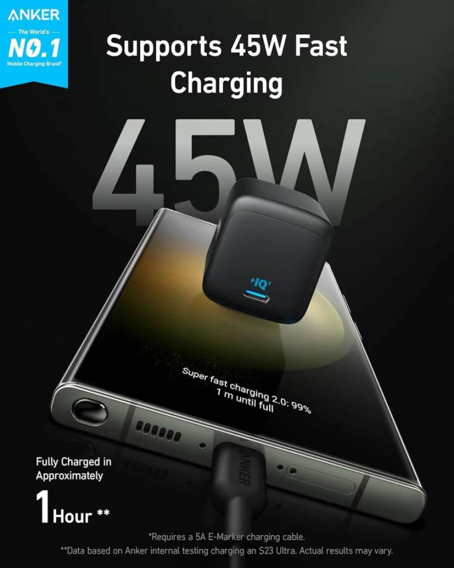 Anker 45W USB C Fast Charger, PPS Foldable Wall Charger for iPhone 16/15/14, Galaxy S24/S23 Ultra, Super Fast Charging 2.0, Compact PD Power Adapter