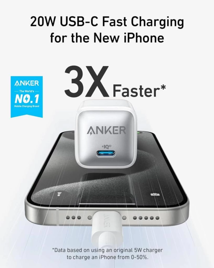 Anker 20W USB-C Fast Charger with PIQ 3.0 - Compact Power Adapter for iPhone 16/15/14/13, Galaxy S23/S22, Pixel 6/5, iPad (Includes 1 Pack & USB-C Cable, White)