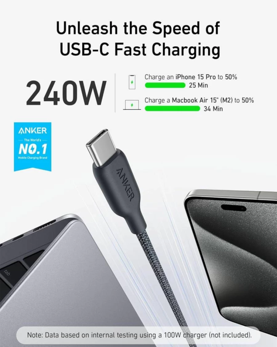 Anker 240W USB-C to USB-C Cable (6ft) - Bio-Braided Fast Charging Cord for iPhone 16/Pro, MacBook Pro 2020, iPad Pro - USB 2.0 Type C Charger - Natural Green