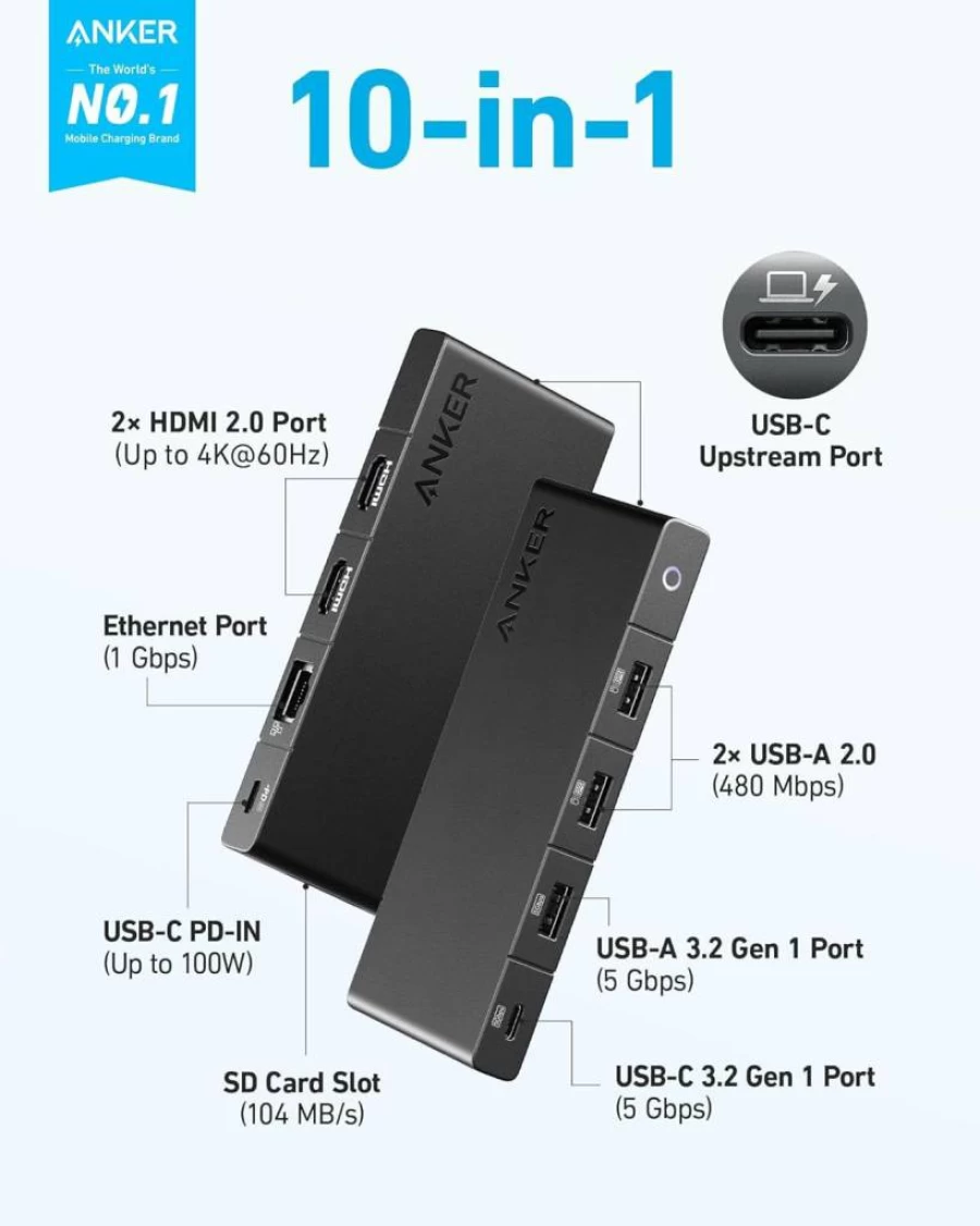 Anker 10-in-1 USB C Hub with Dual 4K HDMI, 100W Power Delivery, 4 USB-A/C Ports, Ethernet, SD Card Reader for Dell, ThinkPad, MacBook (Model A83A2) - Black