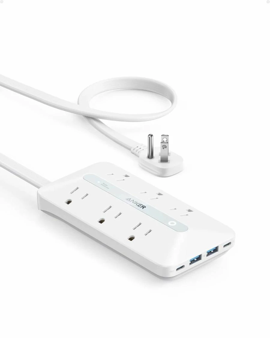 Anker 10-in-1 Power Strip with 6 AC Outlets, 2 USB-A & 2 USB-C Ports, 5ft Flat Plug Extension Cord, Ultra Thin Desktop Charging Station for Home Office Dorm