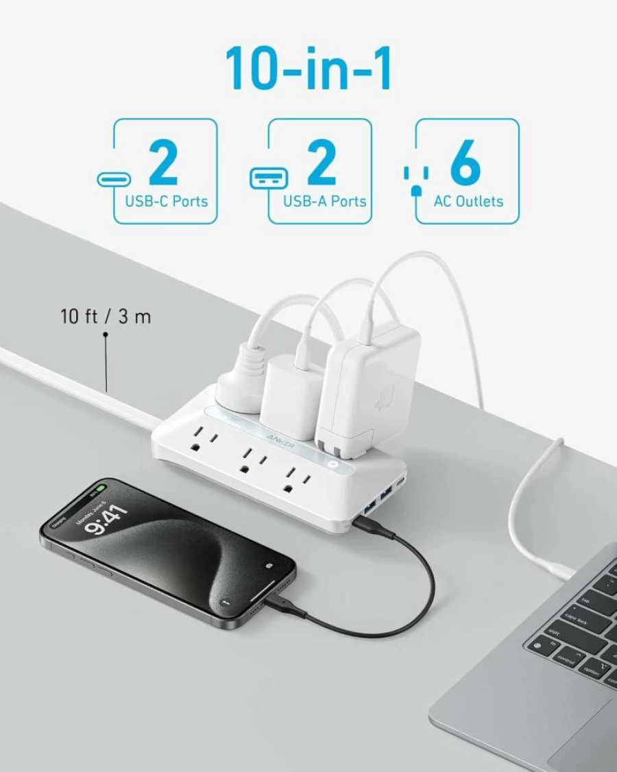 Anker 10-in-1 Power Strip with 6 AC Outlets, 2 USB-A & 2 USB-C Ports, 5ft Flat Plug Extension Cord, Ultra Thin Desktop Charging Station for Home Office Dorm