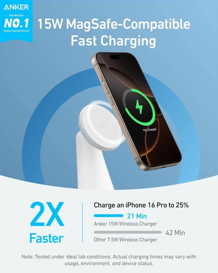 Anker MagSafe 2-in-1 Wireless Charging Stand, Qi2 Certified 15W Fast Charger for iPhone 16/15/14/13/12 & AirPods, Adjustable Strong Hold (Adapter Not Included)