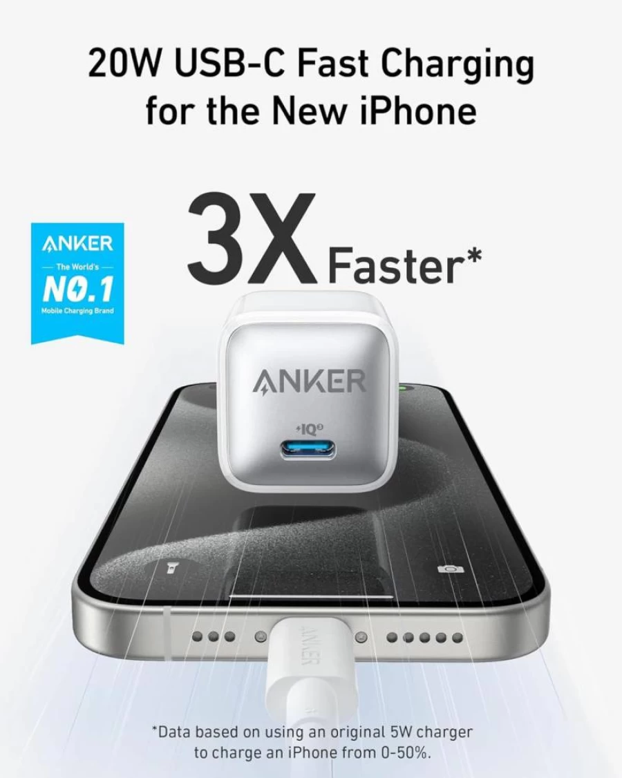 Anker 20W USB-C Fast Charger Block with PIQ 3.0, Compact PD Charger for iPhone 16/15/14/13, Galaxy S23/S22, Pixel 6/5/4, iPad (Includes 1 Pack & 1 Cable, Black)