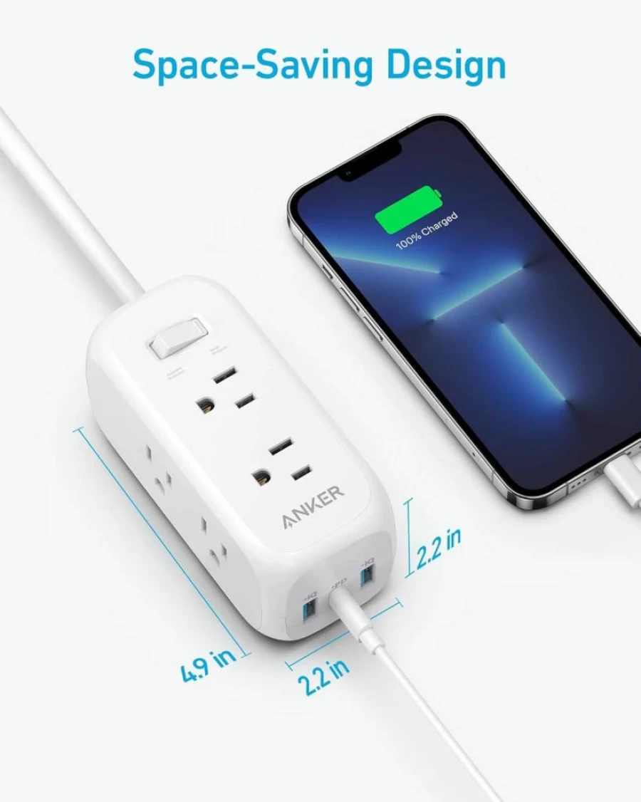 Anker USB C Power Strip with Surge Protector (300J), 6 Outlets, 20W PD, 3-Side Extension Cord, 5Ft, Compact for Desk & Small Spaces, TUV Listed