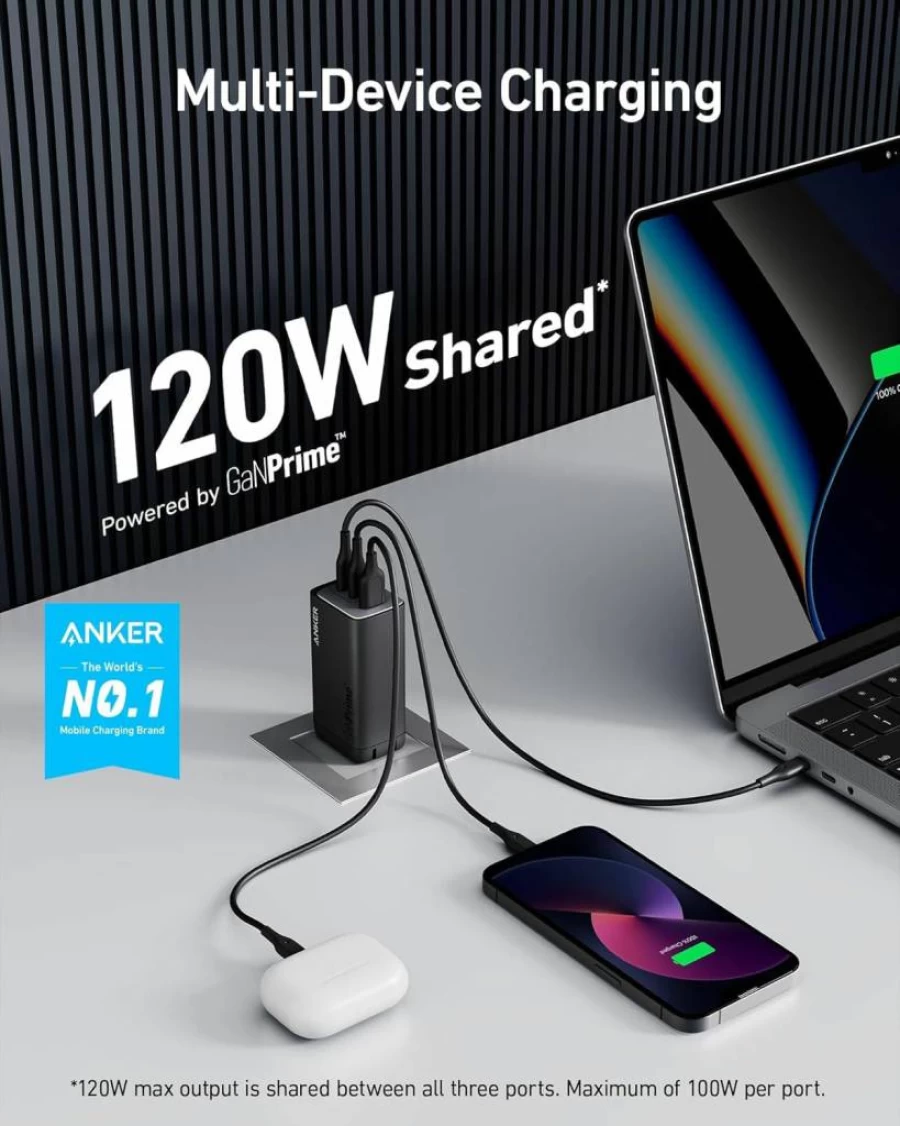 Anker 737 GaNPrime 120W Fast Charger, 3-Port USB C Wall Charger with PPS for MacBook, iPhone 16, Galaxy S22, Dell XPS, Foldable Compact Design