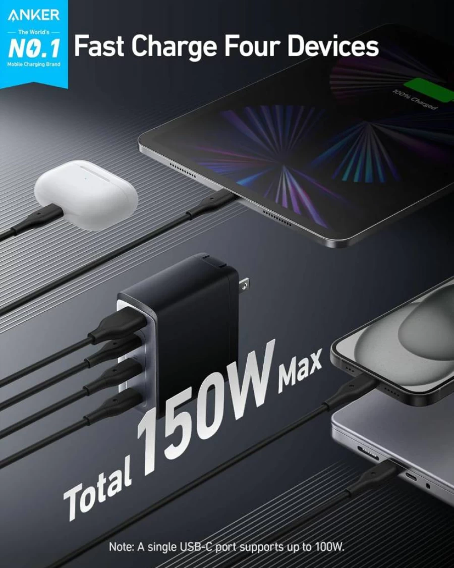 Anker 150W GaN USB C Charger, 4-Port Fast Compact Foldable Power Adapter for MacBook Pro/Air, iPhone 16/15/14, Dell XPS, iPad, Samsung Galaxy