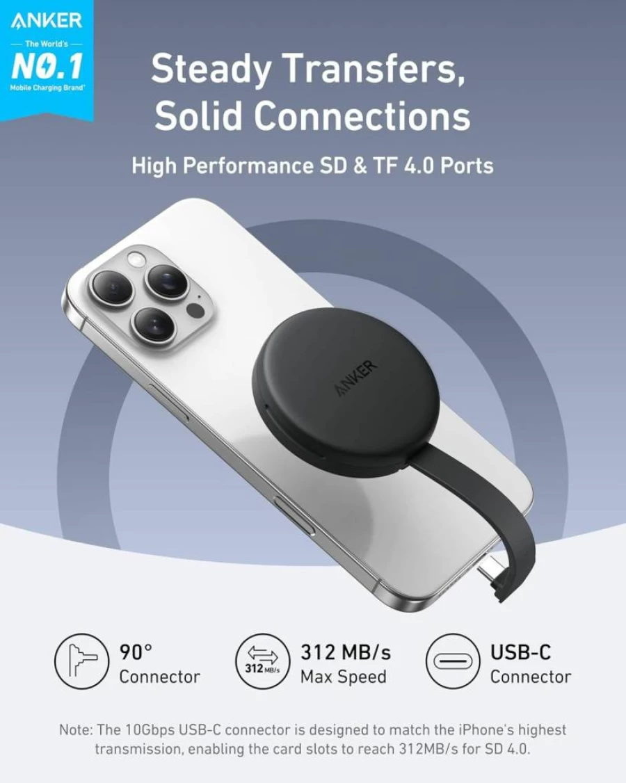 Anker MagGo USB-C SD Card Reader for iPhone 15/16, Magnetic Portable Memory Card Adapter with Built-in Cable, Supports SD & TF Cards, 312MB/s High-Speed Data Transfer for USB-C Devices (White)